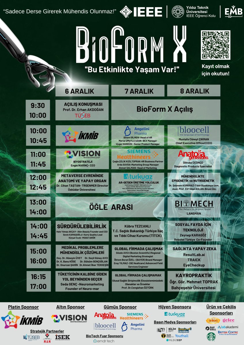 İşte karşınızda BioForm X etkinliğimizin ana afişi! Tıpta mühendislik uygulamalarını konu alan ve kimya, ilaç, gıda, biyoteknoloji, biyomedikal gibi sektörlerde öncü firmalar ve yetkin konuşmacıları ağırladığımız BioForm X 6-7-8 Aralık'ta YTÜ Tarihi Hamam'da! Hepinizi bekliyoruz!
