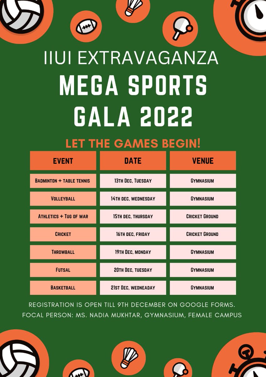 AKFOfficial_IIU's tweet photo. #IIUIExtravaganza2022
A week long mega event of dozens of activities.
Mega #SportsGala
Opportunities for talented students to shine & showcase their abilities.
Male: 051-9019792
Female: 051-9019345
#AllKashmirForum_IIUI
#AKF_IIUI #AKF #IIUI
@IIUI_OFFICIAL @AKFOfficial_IIU https://t.co/HeZJaDW3MA