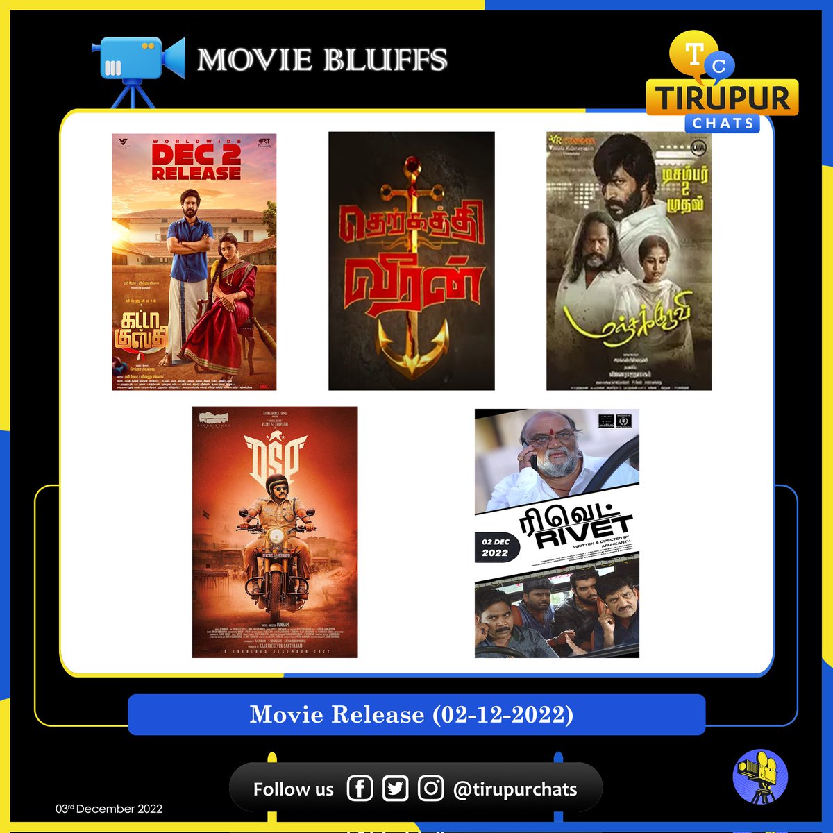 tirupurchats's tweet photo. 🎬 Share your opinion on movie📽️🎟️ #rivetmovie #therkathiveeran #manjakuruvi #dsptamilmovie
#gattakushthi

#moviebluffs #tirupurchatsmoviebluffs  #letschattirupur #movies #tamilmovie #moviereview #southindianmovies

Follow us @tirupurchats

#tirupurchats #tirupur #tiruppur https://t.co/7wAO1rJ2nw