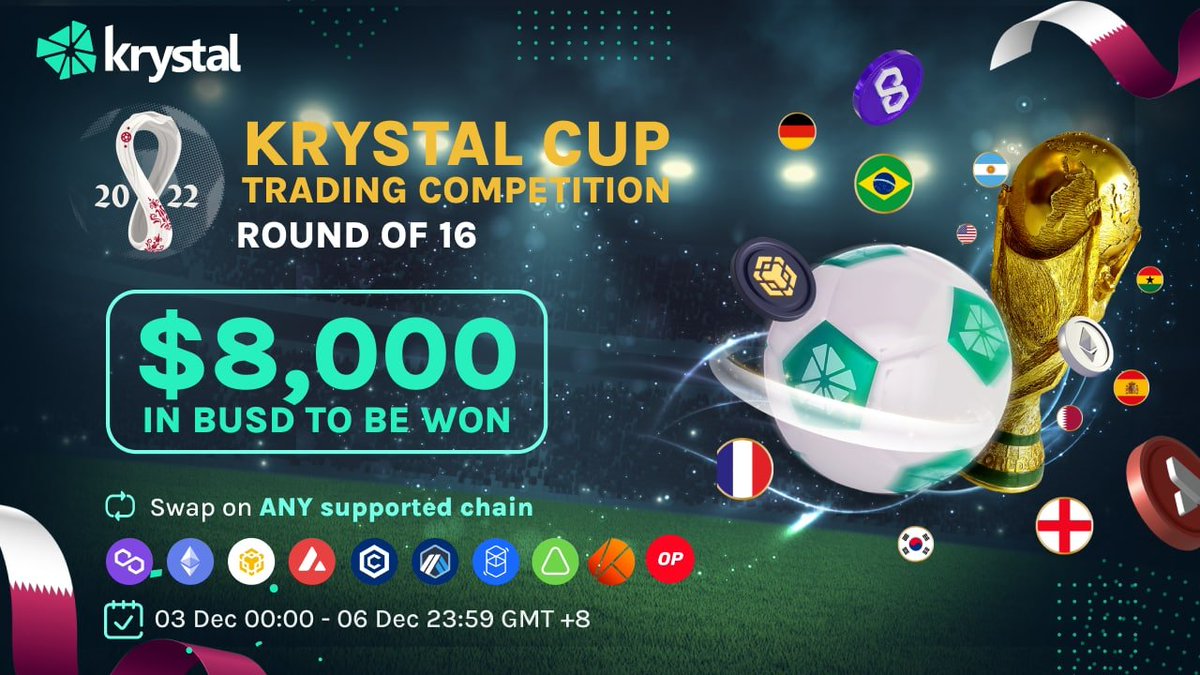 KrystalDeFi's tweet photo. Krystal Cup Trading Competition (Round of 16) is LIVE🎺

🎁 $8,000 (200 winners)

🔑 Trade to increase your trading points: https://t.co/kPPwX357g5

$7,500: 150 traders w/ highest trading points
$500: 50 lucky winners
Minimum trade $200
Finish this Gleam: https://t.co/0iEK5PwfDq https://t.co/49C98lmUxY