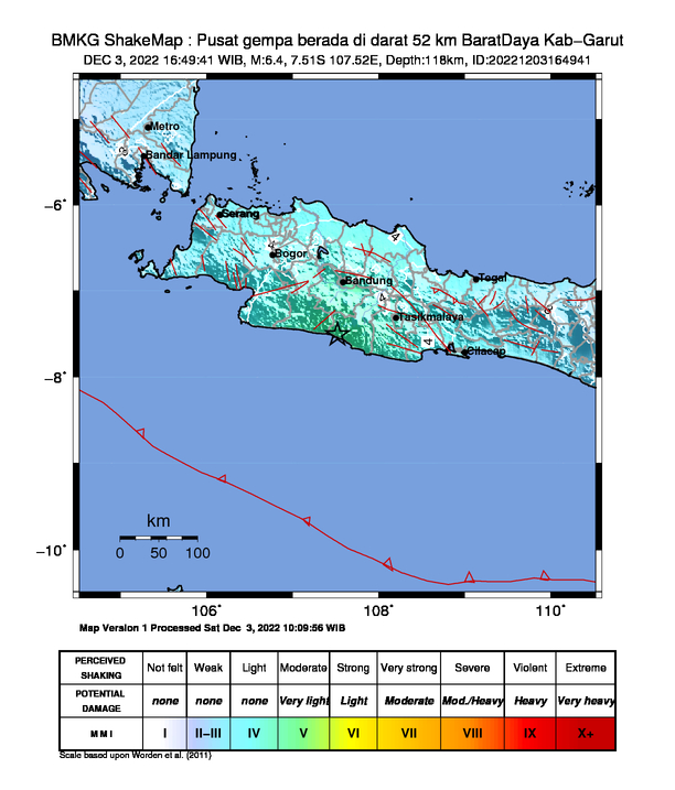 infoBMKG's tweet image. #Gempa (UPDATE) Mag:6.4, 03-Des-22 16:49:41 WIB, Lok:7.51 LS, 107.52 BT (Pusat gempa berada di darat 52 km BaratDaya Kab-Garut), Kedlmn:118 Km Dirasakan (MMI) IV Garut, III Ciamis, III Kalapanunggal, III Sumur, III Tasik, II - III Pamoyanan, II - III Panimbang #BMKG