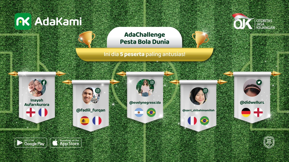 adakamiofficial's tweet photo. Selamat buat 5 pemenang yang berhasil menangin total hadiah Rp5.000.000 di #AdaChallenge Pesta Bola Dunia! 🏆🏆🏆
Inayah AufarrAurora (Bestie FB)
@fadlil_furqan (Bestie IG)
@sarri_shibahimamillah (Bestie IG)
@evelynegreselda (Bestie IG)
@didwellurs (Bestie Twitter) https://t.co/wZjLN1KmK2