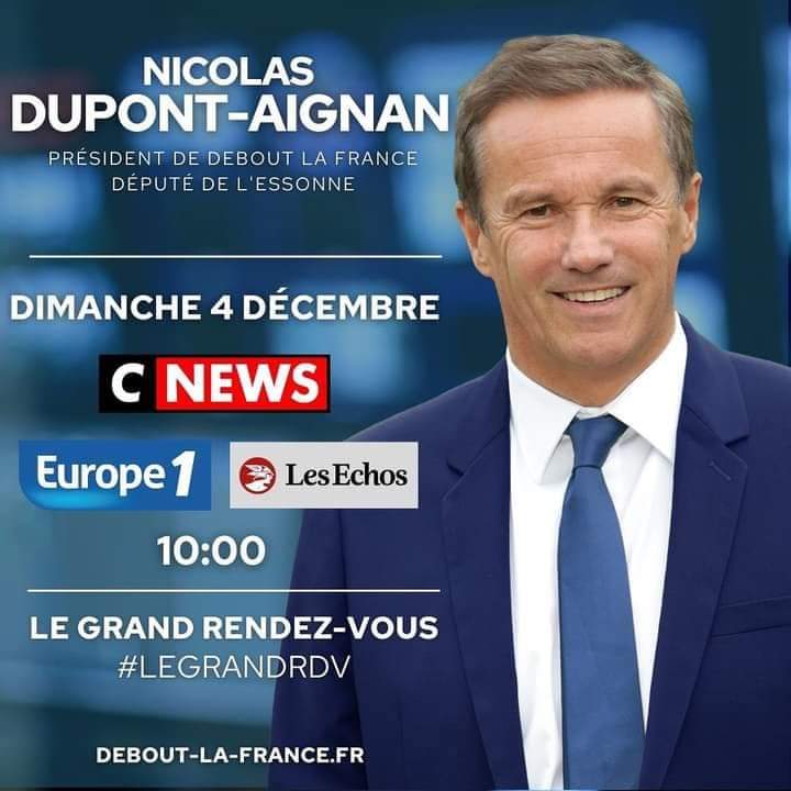 DLF04Officiel's tweet photo. 📺Ce dimanche @dupontaignan sera l'invité de #legrandrdv @CNEWS @Europe1 @LesEchos https://t.co/FJBMgn6R28