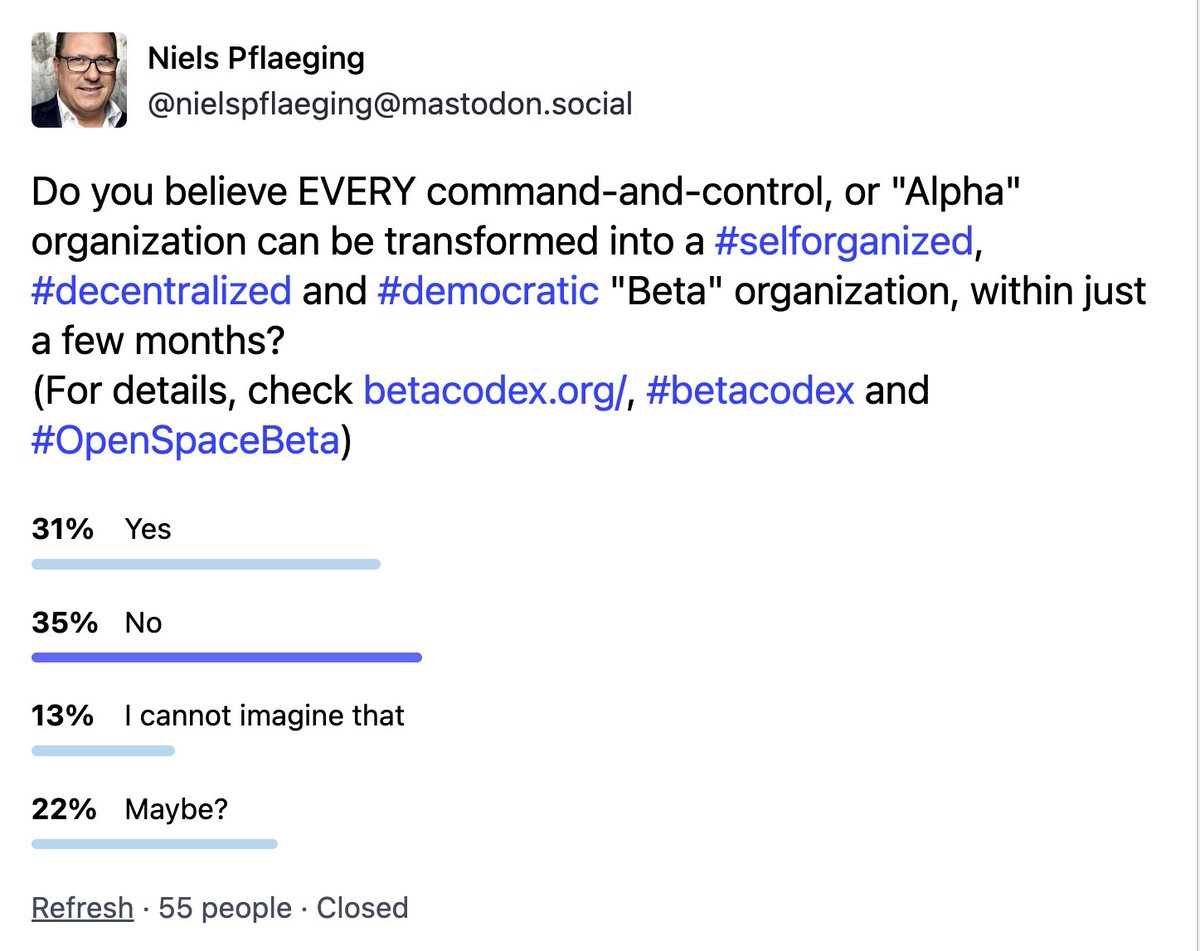 NielsPflaeging's tweet photo. The "very fast transformation poll" results on #Mastodon. I think they are quite amazing, if you think about it. Share your views here by commenting!
#betacodex #openspacebeta #betatransformation https://t.co/lciZTeuPZp