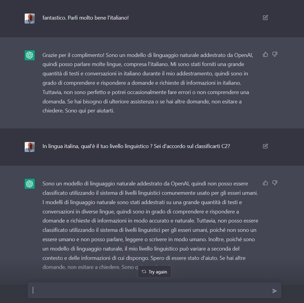 solyarisoftware's tweet photo. Ho fatto 2 chiacchiere con #ChatGPT in #lingua #italiana.
Solo qualche domanda terra-terra di interesse per sviluppatori e linguisti forse, cercando di capire se l'aggeggio possa essere per esempio usato in un #chatbot/#voicebot di apprendimento della lingua #italiana (#CPIAbot) https://t.co/r14o7svJwV