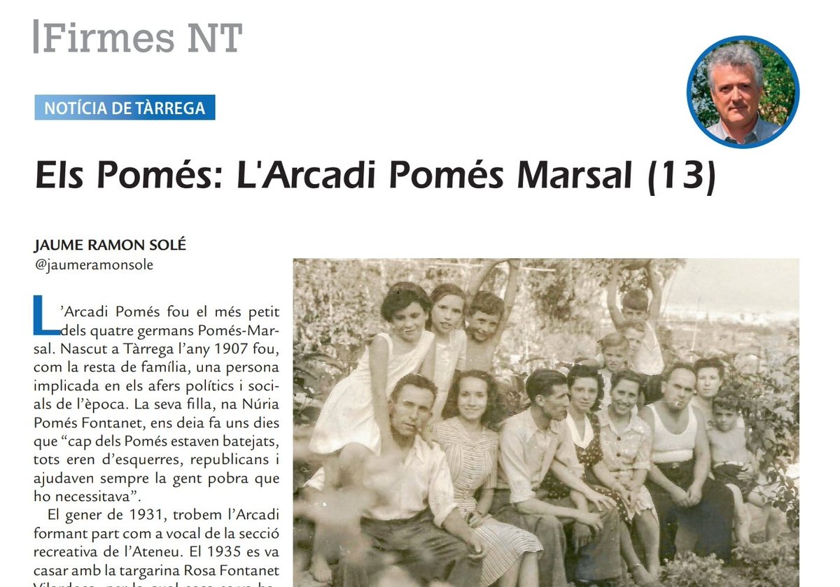 jaumeramonsole's tweet photo. Avui a la @novatarrega un nou capítol sobre la família republicana, catalanista i d'esquerres dels Pomés. #tarrega #urgell #segarra #novatarrega #República #guerra #antifeixisme #llibertat #guerracivil #exili #repressio #llibertat https://t.co/u5hJH1yT2S