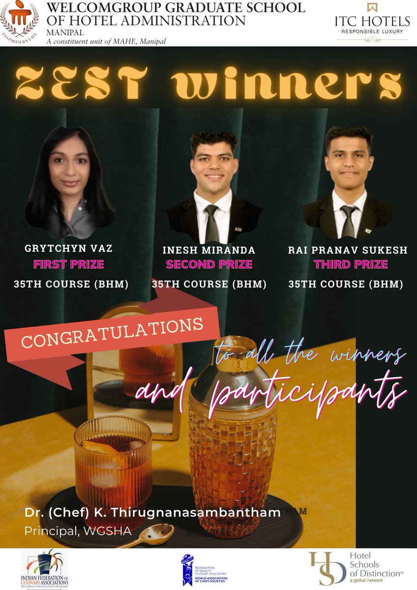 WManipal's tweet photo. @WManipal organised "Zest"- a Bartending competition on 26th November 2022. Students participated with great enthusiasm and zeal.
Congratulations to the winners and participants
@ThiruChef
#thebestservice #fnbservice #competition #winners #learning #experiencing #MAHE #Manipal https://t.co/BbXNghdZvw