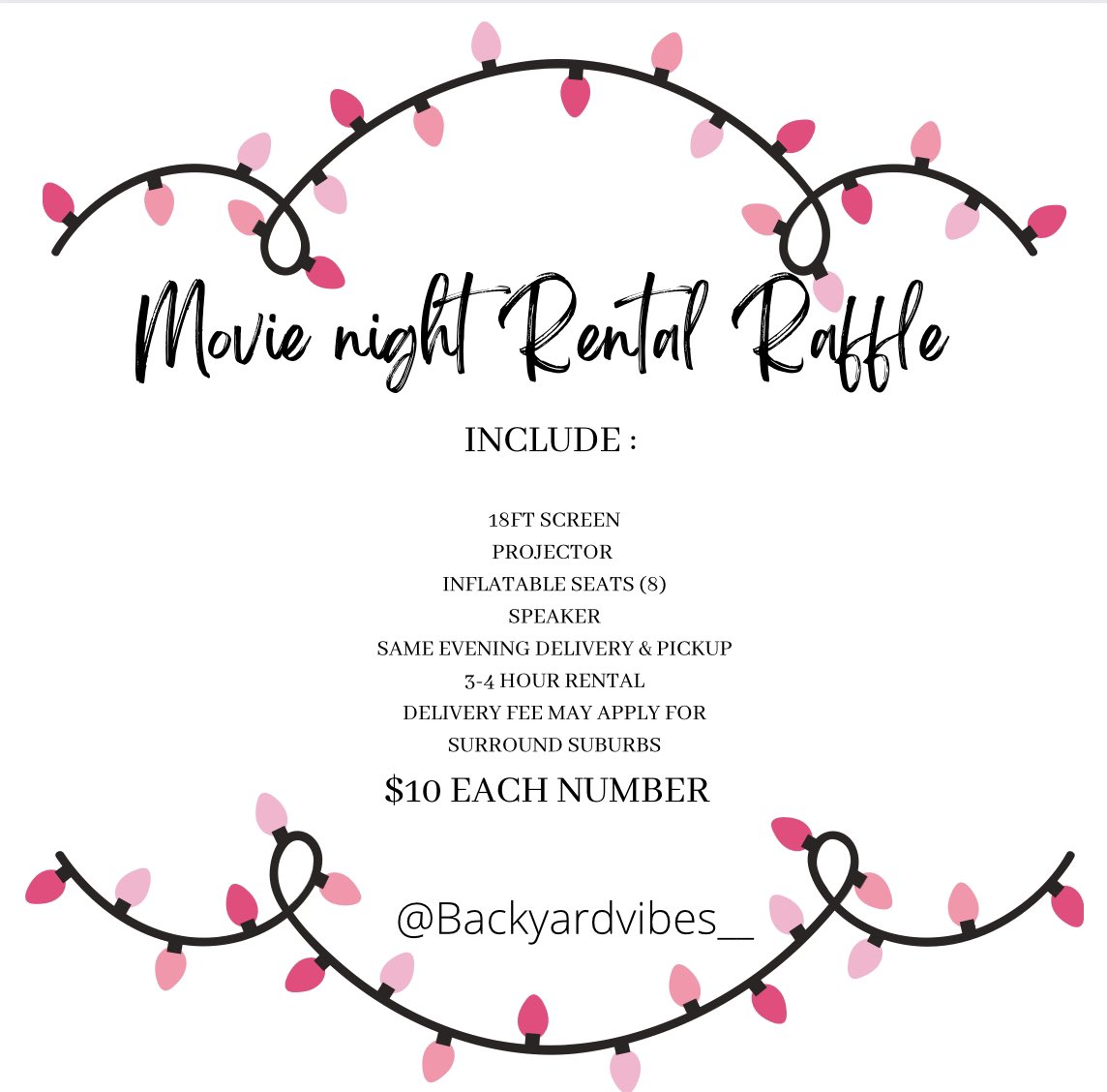 Backyardvibes__'s tweet image. RAFFLE TIME ✨ 

💥 Movie night rental raffle 💥

$10 Each number 
25 Numbers 

✨ Raffle Will close once all #’s are fill ✨

Note- Delivery fee after 10 miles🚗
 - Any date !

#goodluck 🙌🏼 

 @Backyardvibes__  

#december #outdoormovienight #outdoormovie #outdoorfun