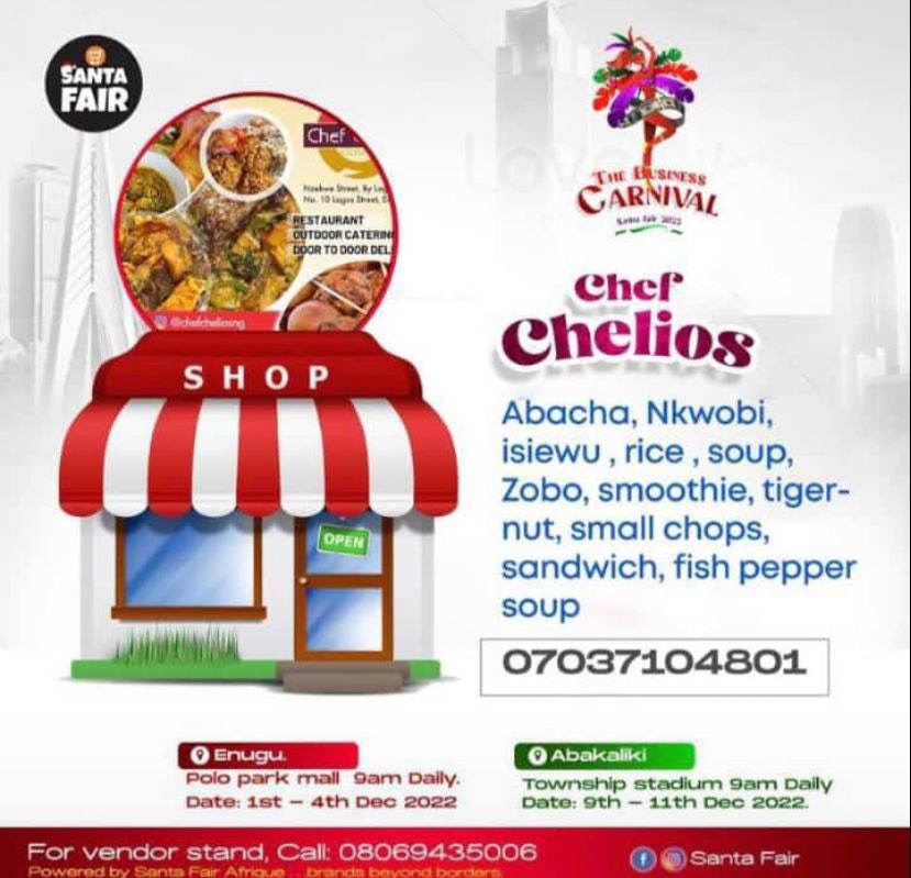 dearezay's tweet photo. #SantaFair is upon us!!!

Hello guys, if you’re in Enugu please don’t miss this Chef Chelios sport. Check it out today and thank me later. 👊🏾

Location: Polo Park Mall Shoprite Enugu.
Time: 9 am daily and it’s ending tomorrow.
Cheers!!! https://t.co/4ZlVqsGHAs