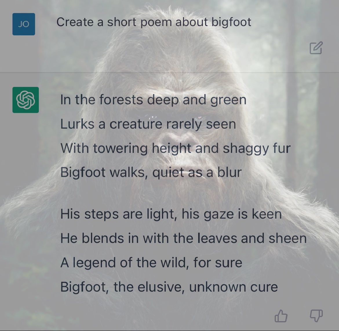 Josh_Backman's tweet photo. Your efforts go way harder than mine @MythicDomain 😂

What an insane tool 🤯

#digitalart #aiart #midjourney #bigfoot  #ChatGPT #NFTCommunity #poeming https://t.co/Y1GTrzjbov