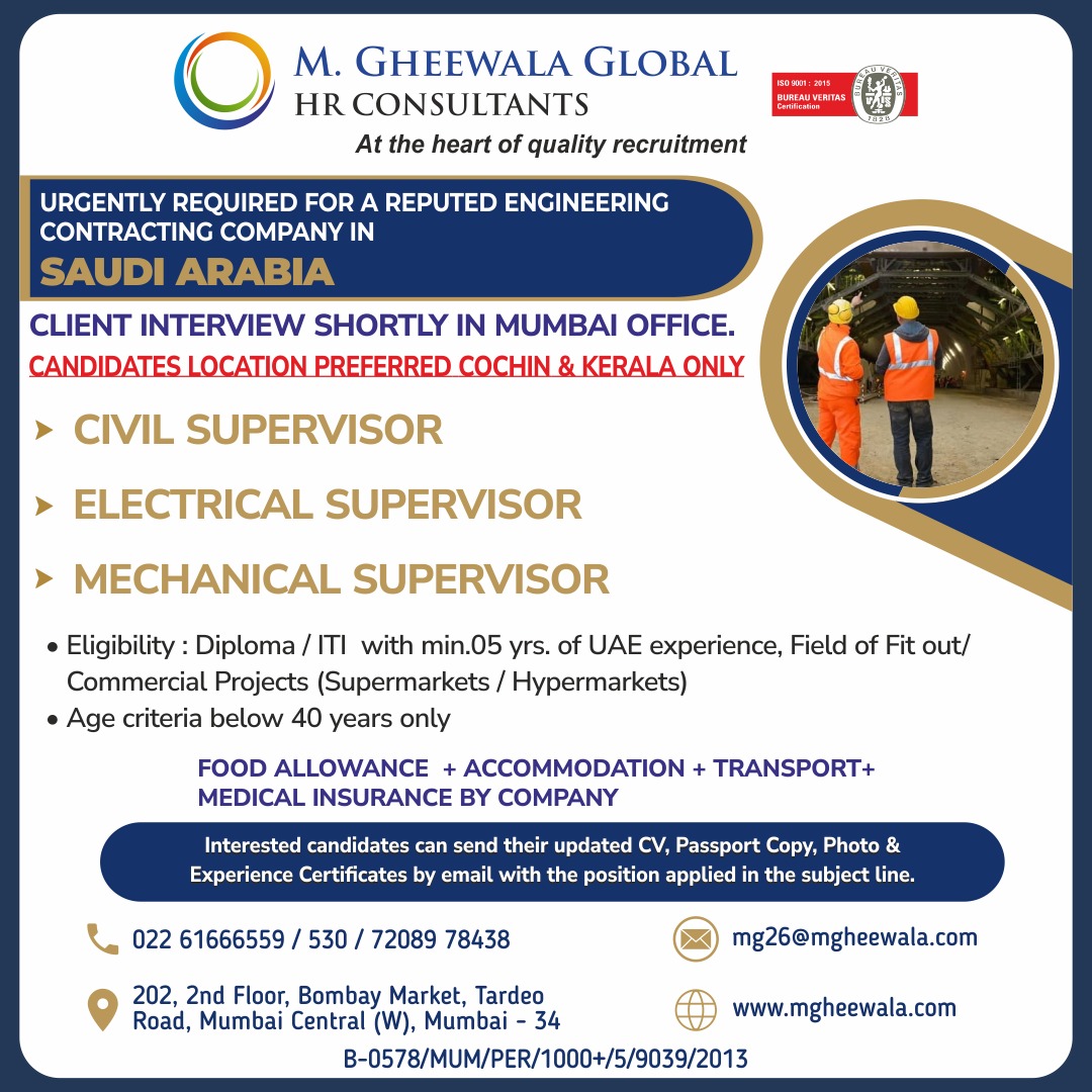 mgheewala_hrc's tweet photo. Job Vacancies for #Saudiarabia

Interested Candidates can send the updated resume to mg26@mgheewala.com

Learn More https://t.co/Ps4bxv2mB1

#saudijobs #civilsupervisor #electricalsupervisor #mechanicalsupervisor #diploma #supermarket #hypermarket #engineering #middleeastjobs https://t.co/RnjHwyaKM8