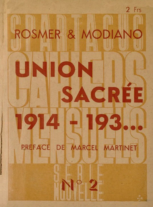 Couverture de la brochure "Union sacrée 1914-193...", d'Alfred Rosmer et René Modiano, Spartacus, 1936.