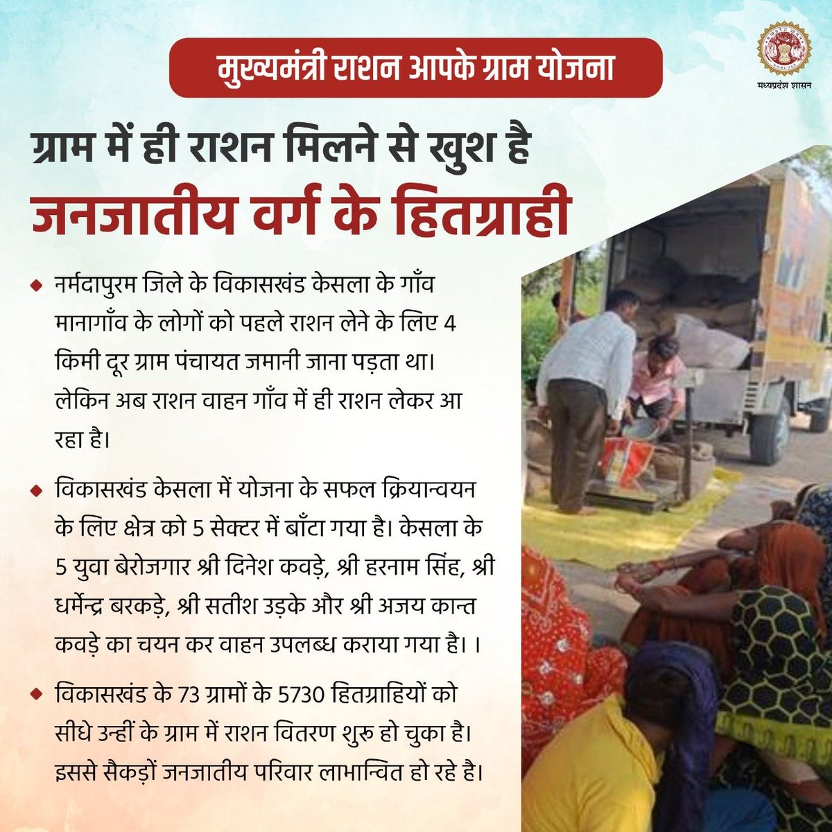 मुख्यमंत्री राशन आपके ग्राम योजना
---------------------------------
 ग्राम में ही राशन मिलने से खुश है 
 जनजातीय वर्ग के हितग्राही

#मुख्यमंत्री_राशन_आपके_द्वार