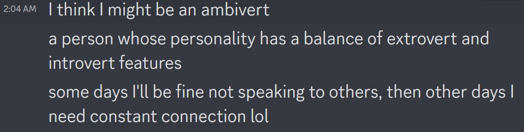MissEricaStrada's tweet photo. A realization I just had over Discord. #ambivert #mentalhealth #Learning #Discovery #BeYourself https://t.co/Z8HPbolrp5