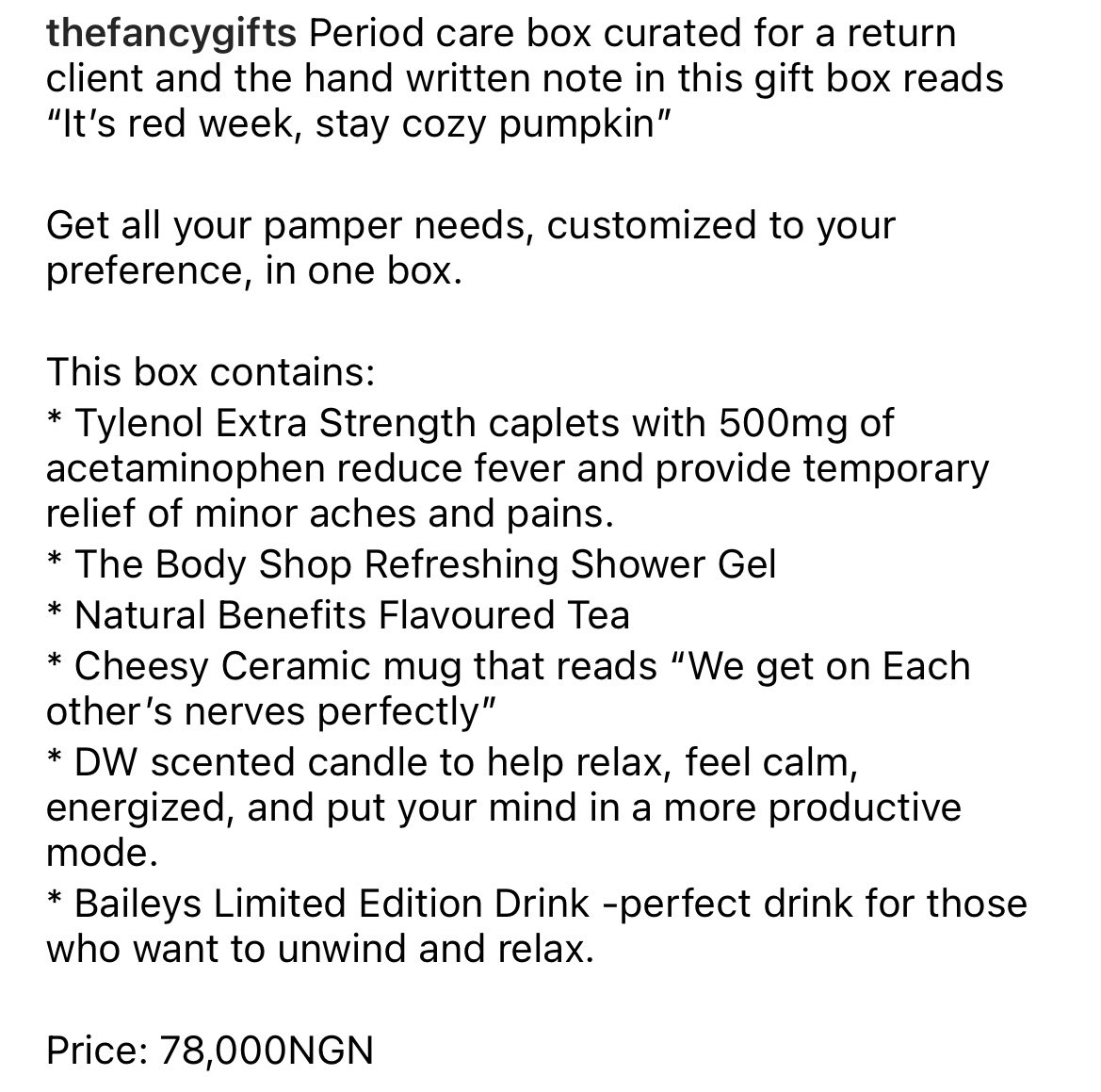 thefancygifts's tweet photo. Period care box curated for a return client and the hand written note in this gift box reads “It’s red week, stay cozy pumpkin”

#periodcaregiftbox
#periodcarekit https://t.co/LdJwrAXyvm