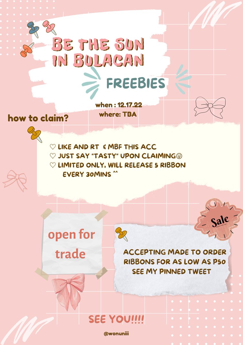 wonuniii's tweet photo. 🎀~♡Be the Sun in Bulacan Freebie♡~🎀

Carats, I'll be giving away some caratbong ribbon on D-day!!

♡ like and rt this twt
♡ mbf this acc 
♡ show proof to claim 😉

See photo below for more info ^^

SEE YOU~~ 🫶🏻😊

#BeTheSunBulacan #BeTSinBulacan #SEVENTEEN https://t.co/xtkIJuLYoF