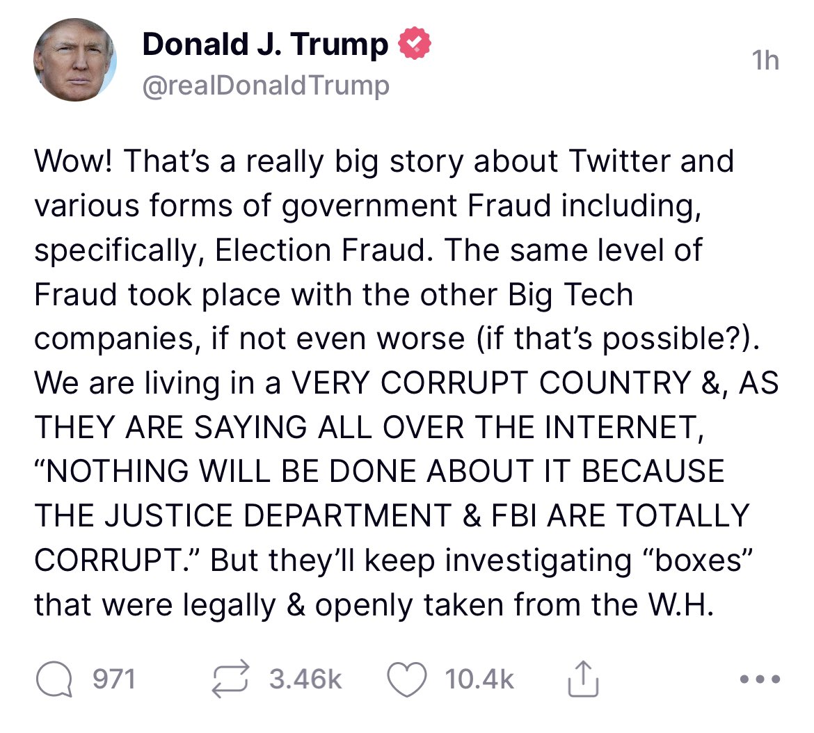 Trump reacts on Truth Social to #TWITTERGATE