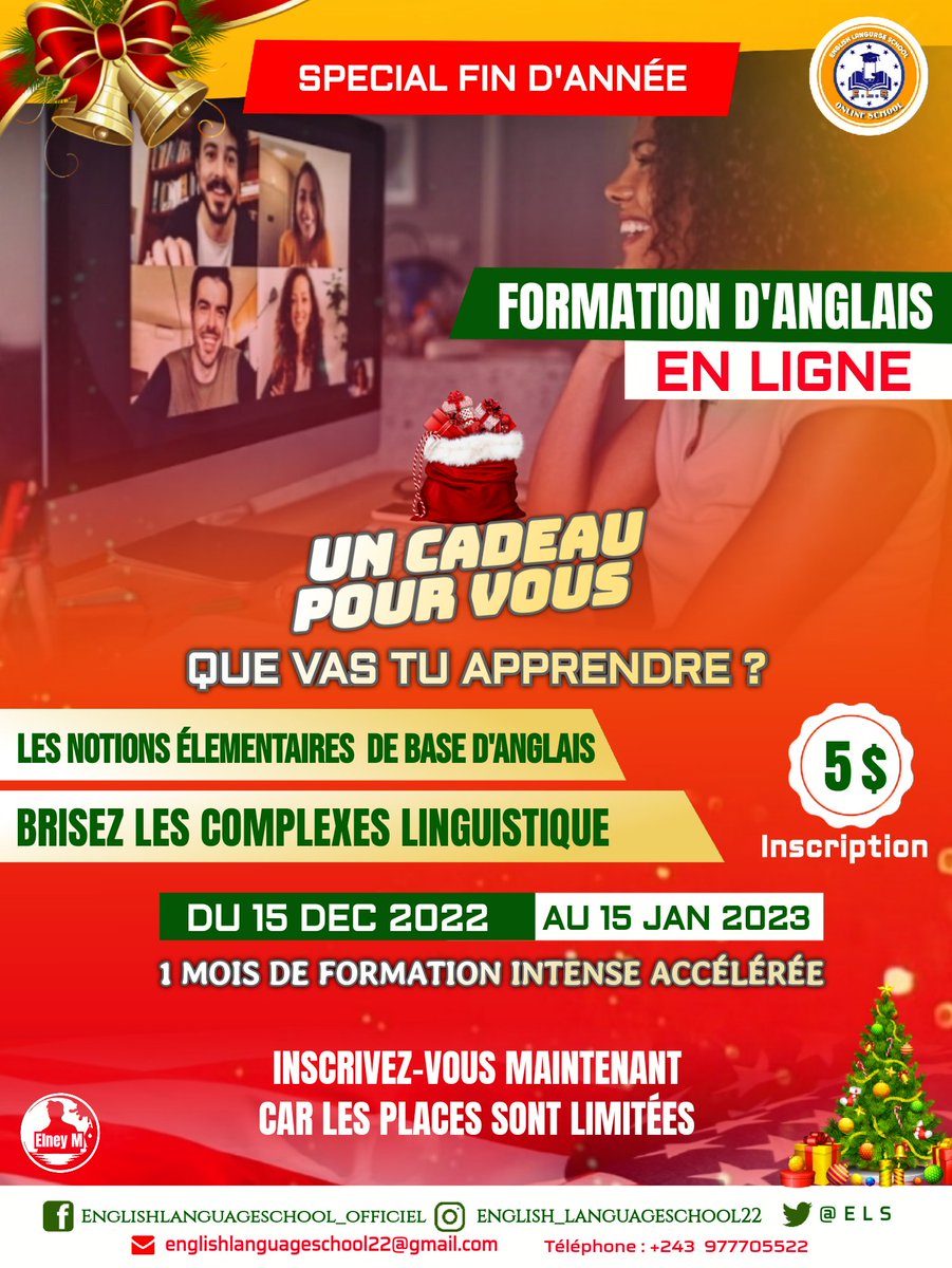 KevineTambwe's tweet photo. SPECIAL FIN D'ANNÉE
FORMATION EN LIGNE D'ANGLAIS
UN CADEAU POUR VOUS !
 *Que vas tu apprendre?* 
Les notions élementaires de base d'anglais
 *Participation : (GRATUITE)* 
BRISSEZ LES COMPLEXES LINGUISTICS
Du 15 Decembre 2022 au 15 janvier 2023 inscription: 5$
+243977705522 https://t.co/R1IcNPWdSq