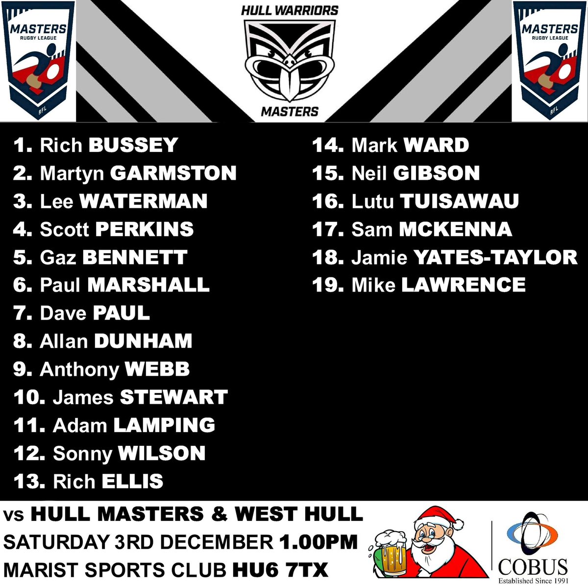 hull_warriors's tweet photo. 🏉𝗚𝗔𝗠𝗘 𝗗𝗔𝗬 &amp; 𝗖𝗛𝗥𝗜𝗦𝗧𝗠𝗔𝗦 𝗣𝗜𝗦𝗦 𝗨𝗣🍺 

🏆 Masters Rugby League
🆚 Hull &amp; West Hull
🏟 Marist SC (HU6 7TX)
📆 Saturday 3rd December 
⏰ 1.00pm

#wearewarriors #mastersrugbyleague  #hullmasters #westhullmasters #xmaspissup #marist #sonnygotsmashed https://t.co/eq8TDsWc75