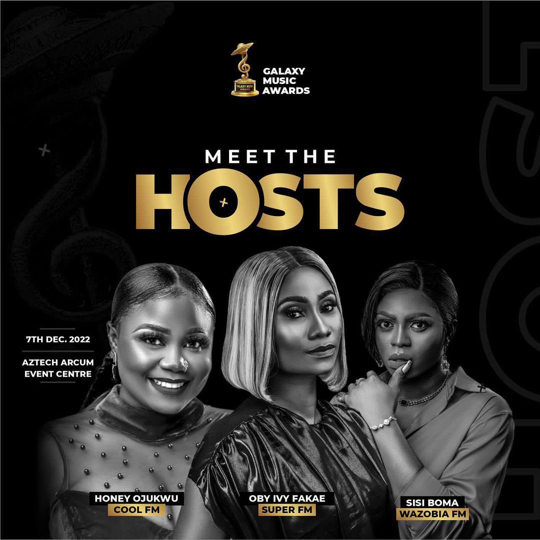 GalaxyMusicAwrd's tweet photo. We told you, #GMA22 will be too Luxurious an Award Night, to not be a part of it.

So, we sort out for the Best of the Best, to walk us through. 

MEET OUR HOSTS!!!

@HoneyOjukwu @obyivy_ @Sisiboma 

#GMA22 Kenny Blaq BELLA THE CLOUT National Anthem More Ego https://t.co/GVu5J5oIqS