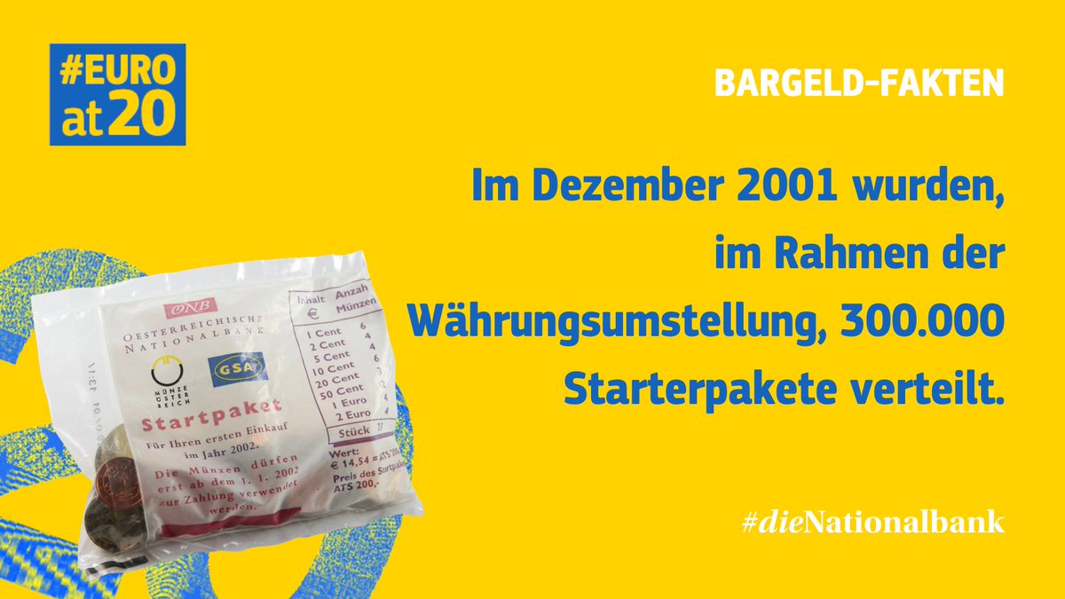 oenb's tweet photo. #TBT📜Wussten Sie, dass zur Vorbereitung auf die Währungsumstellung im Jänner 2002 bereits im Dezember 2001 300.000 Starterpaketen verteilt wurden?
🎉Seit 20 Jahren bezahlen wir mit dem #Euro
💸 Mehr Infos unter: https://t.co/DUEovpDzTk
#dieNationalbank #Schilling #EUROat20 https://t.co/fNnH0JVq4D