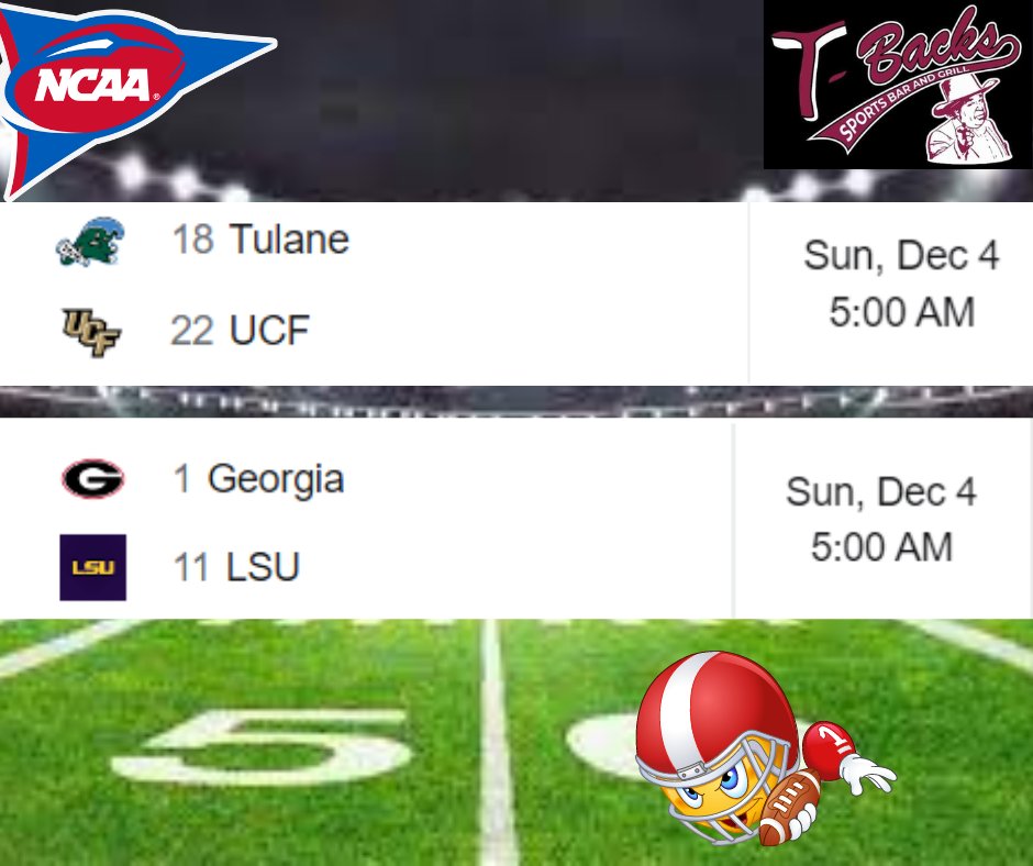 tbacksbbq's tweet photo. We have two NCAA Football games at T-Backs Sports Bar and Grill starting live at 05:00 am this morning. #ncaafootball #angelescity #tbackssportsbarandgrill #Pampanga #tbacksisgood #tulanevsucf #georgiavslsu https://t.co/aFL0RvLLsk
