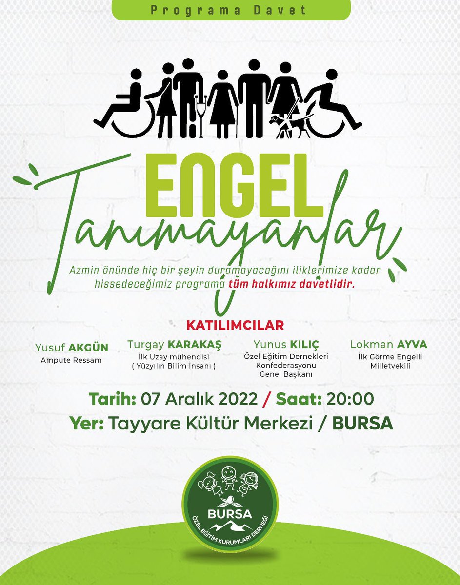 yenigunozelegtm's tweet photo. 📣 PROGRAMA DAVET

🖇️ Engel Tanımayanlar
♿ Azmin önünde, hiçbir şeyin duramayacağını iliklerimize kadar hissedeceğimiz programa tüm velilerimiz davetlidir.
#engeltanımayanlar
#EngellilerGünü
#engelolma https://t.co/FzYi3Rh0yF