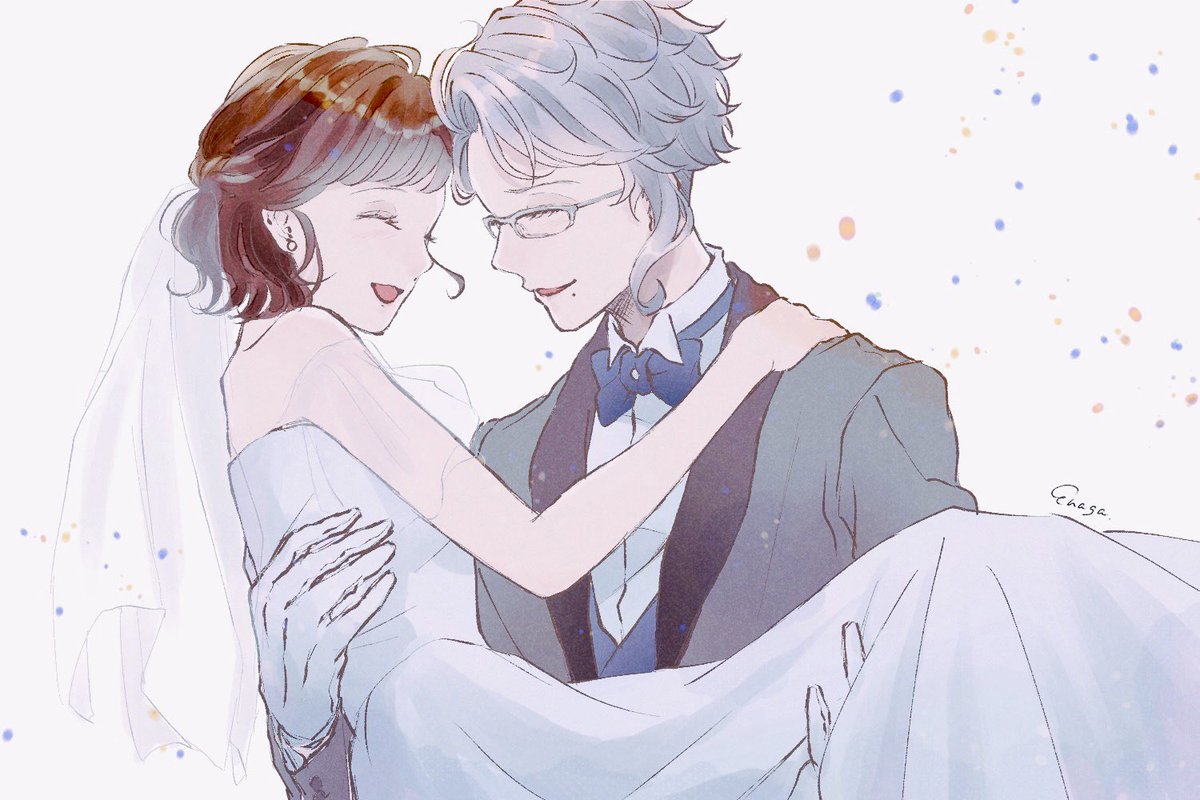 1girl 1boy dress brown hair wedding dress closed eyes glasses  illustration images