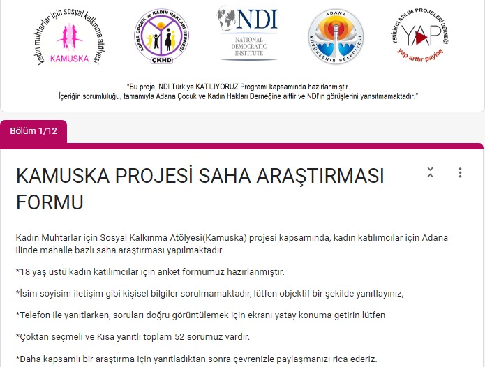 Kadın Muhtarlar için Sosyal Kalkınma Atölyesi(Kamuska) projesi kapsamında, 18 yaş üstü kadın katılımcılar için anket formumuz hazırlanmıştır.

KAMUSKA PROJESİ SAHA ARAŞTIRMASI FORMU
rb.gy/0bodlx