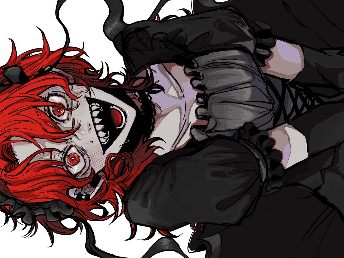 solo 1girl red eyes red hair teeth gloves sharp teeth  illustration images