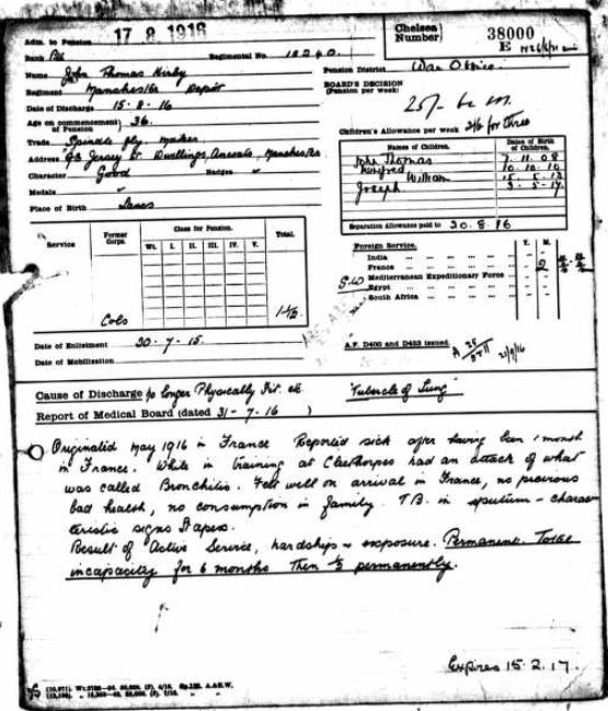 Pte 27600 John Thomas Kirby joined the BEF with 2nd Bn Manchester Regiment. He died from TB attrib to service on 08/11/1918. Buried in Phillips Park Cemetery.  His widow was Mary Elizabeth Kirby of 93 Jersey Street Dwellings Ancoats. <a href="/CWGC/">Commonwealth War Graves</a> New Com #OnThisDay
