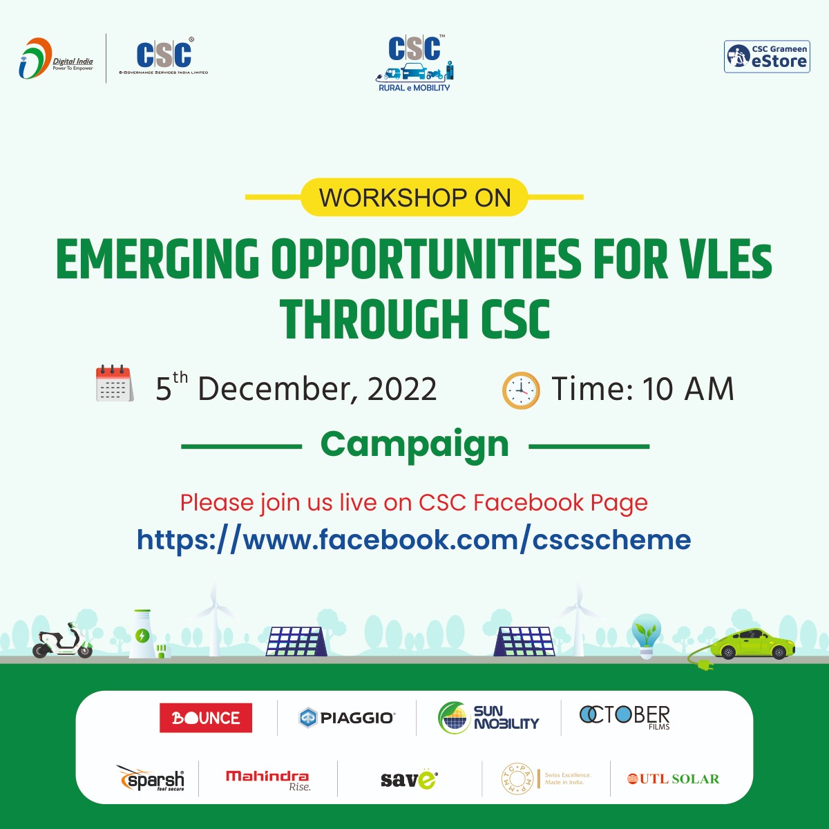 WORKSHOP ON EMERGING OPPORTUNITIES FOR VLEs THROUGH CSC...

Join us LIVE on the #CSC Facebook Page, on 5th December 2022(Monday) at 10 AM.

#DigitalIndia #CSCRuralEMobility #RuralEmpowerment #SaturdayVibes #SaturdayMotivation