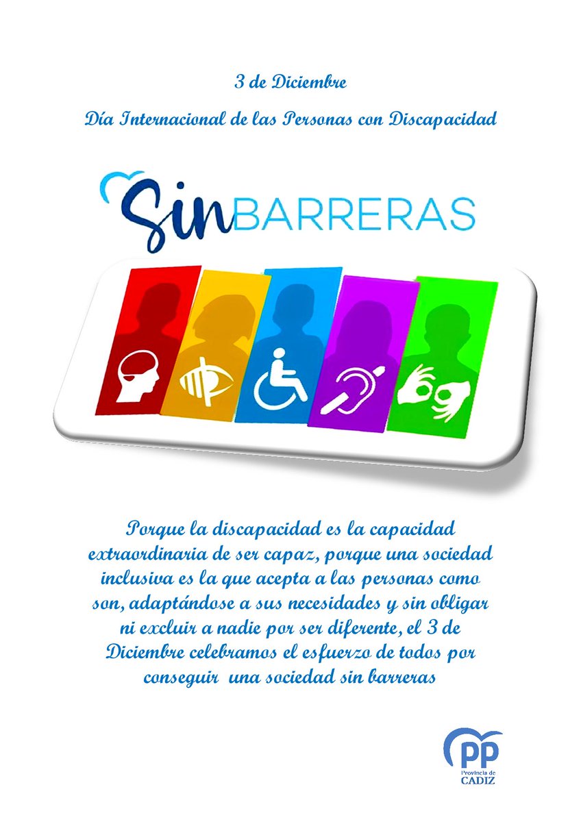 Día Ingernacional de las Personas con Discapacidad!!!
Desde Foro Sin Barreras queremos dar visibilidad a este día y luchar por todos nuestros derechos a vivir en igualdad y que se nos vea por nuestras Capacidades!!!

#PopularesSinBarreras
#ppprovinciadecádiz
#PPSanFernando