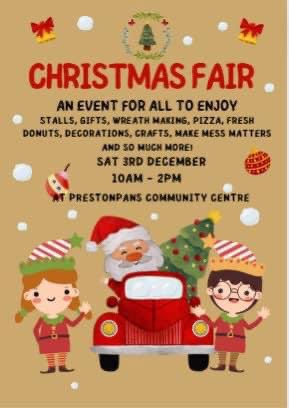 Pans_CC's tweet photo. Today 10-2 why not come along Prestonpans Community Centre’s
Big Christmas Fair 
Saturday 3rd December 
10am - 2pm 
Prestonpans Community Centre 
Preston Road 

Make Mess Matter - Messy play and crafts 
The Slice Girls - Pizza van  
Wreath Making Workshop https://t.co/Sec6H3Dez2