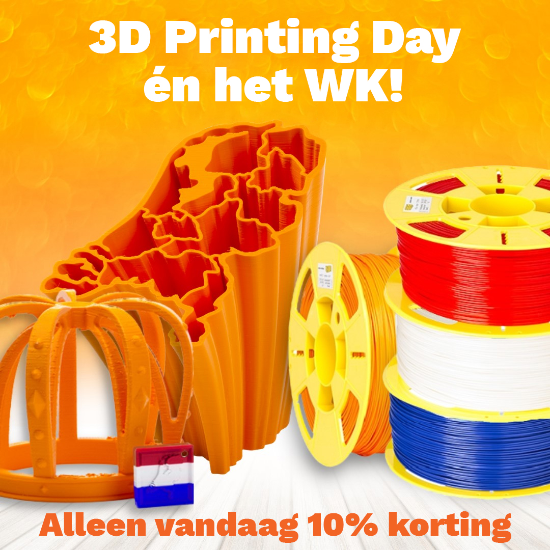 Vandaag op #3DPrintingDay pakken we voor je uit! 🎉Speciaal omdat het #Nederlandselftal speelt, krijg je 10% korting op alle rood, witte, blauwe én oranje filamenten en resin. ➡️ bit.ly/3ufkutb