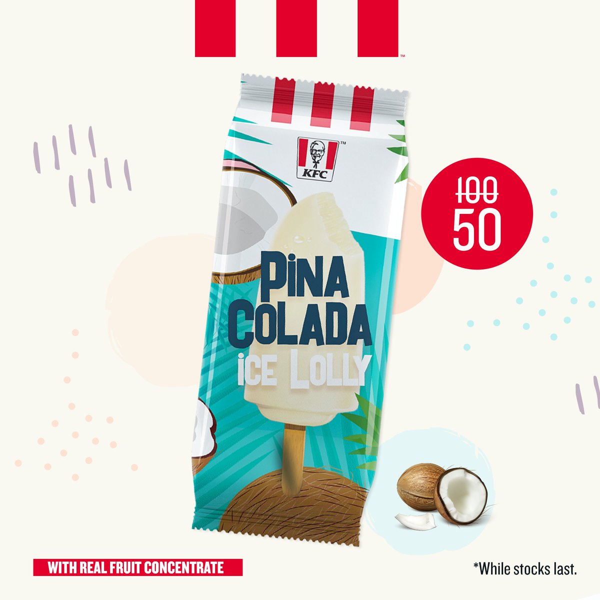 KFCinKenya's tweet photo. Add refreshing taste to your day with this cool deal.  🎉 Get the flavourful Pina Colada Ice Lolly for ksh 50 and save Ksh 50. Yummy! 😋

Offer valid while stocks last. 

#KFCIceLollies #TimeForKFC https://t.co/3sG0vAhUa3