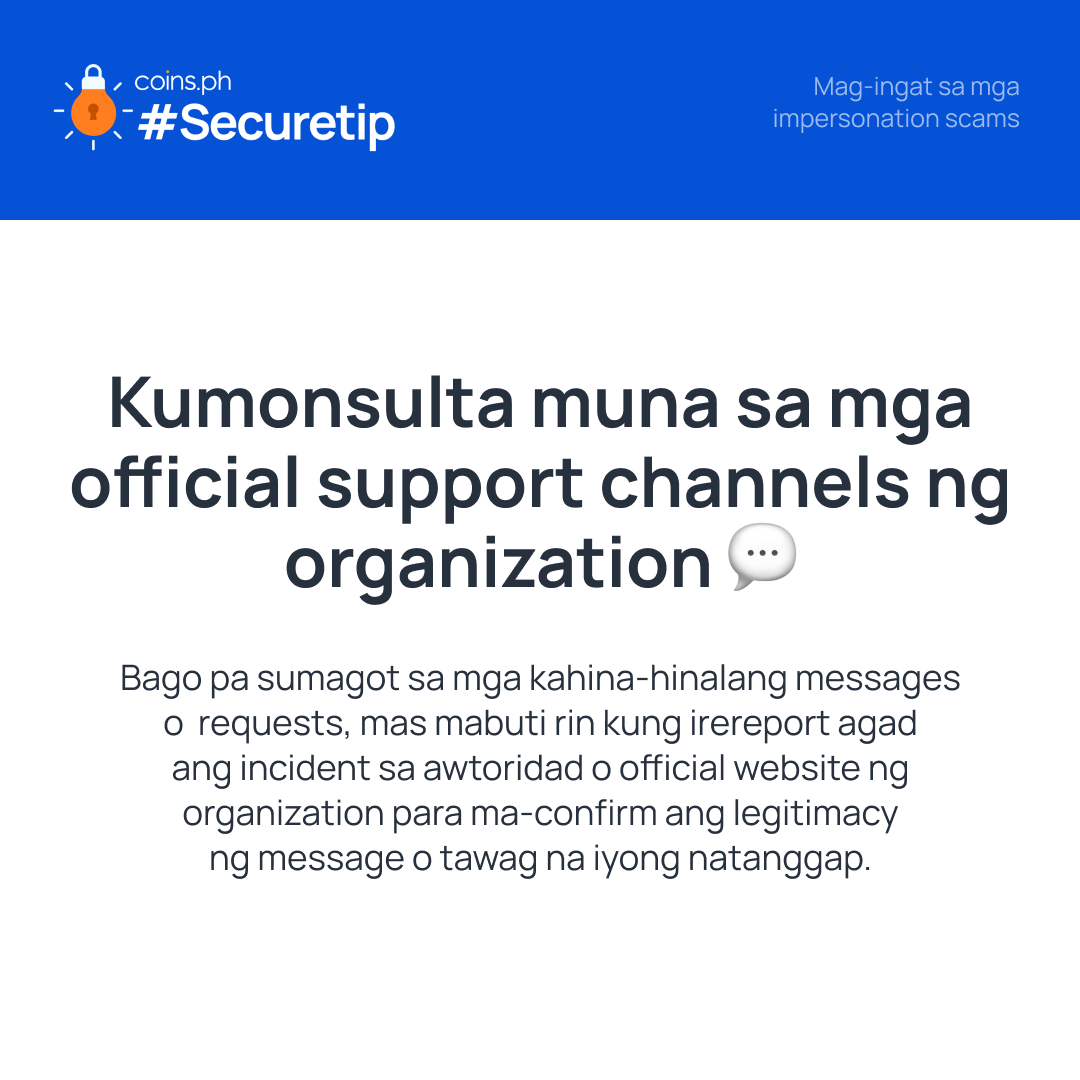 PayWithCoin's tweet photo. RT coinsph "Ikaw ba ay nakatanggap ng kahina-hinala o nakakabahalang tawag at mensahe mula sa isang organization o company? Mag-ingat at maaaring scam ito 🚩
Para makasiguro, narito ang ilang mga #Securetip kung paano makakaiwas sa impersonation scams. https://t.co/ixyMvXLumu"