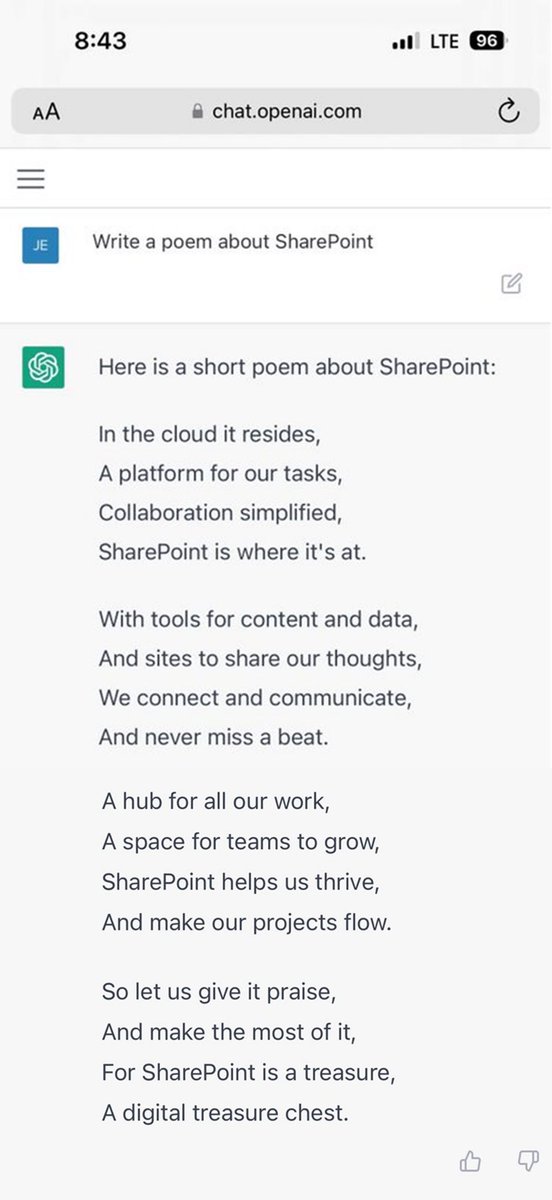 Ok, I didn't train the model. But maybe, I helped train the world a little. #SharePoint 🙏💚

OpenAi ChatGPT: