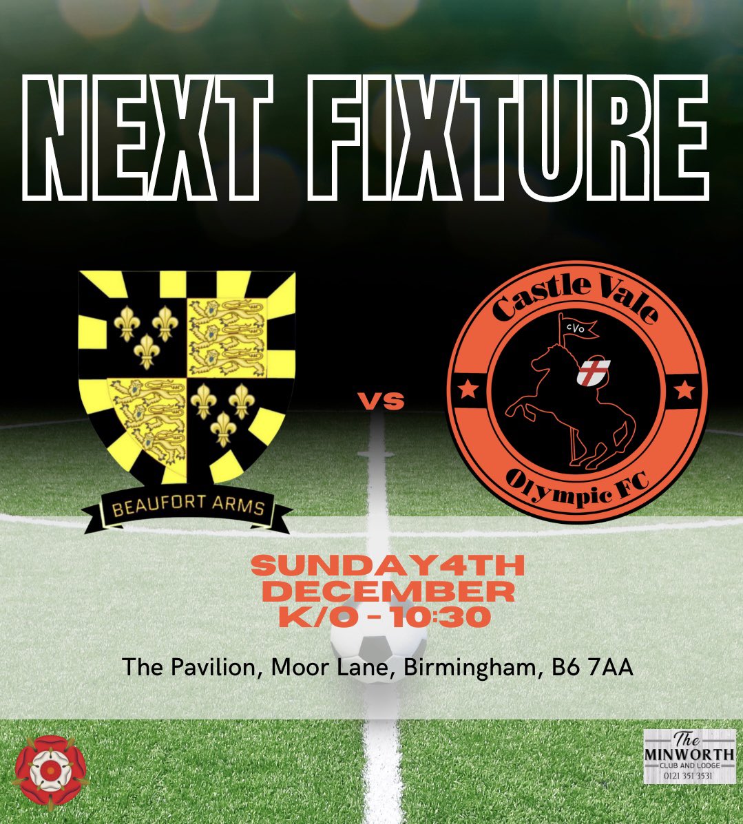 This weekend we’re away to Beaufort Arms for the second clash of the season. Same score as last time? 👀 

Sunday 4th December
K/O - 10:30am
The Pavilion, Moor Lane, Birmingham, B6 7AA 

⚽️🟠 UP THE VALE! 🟠⚽️