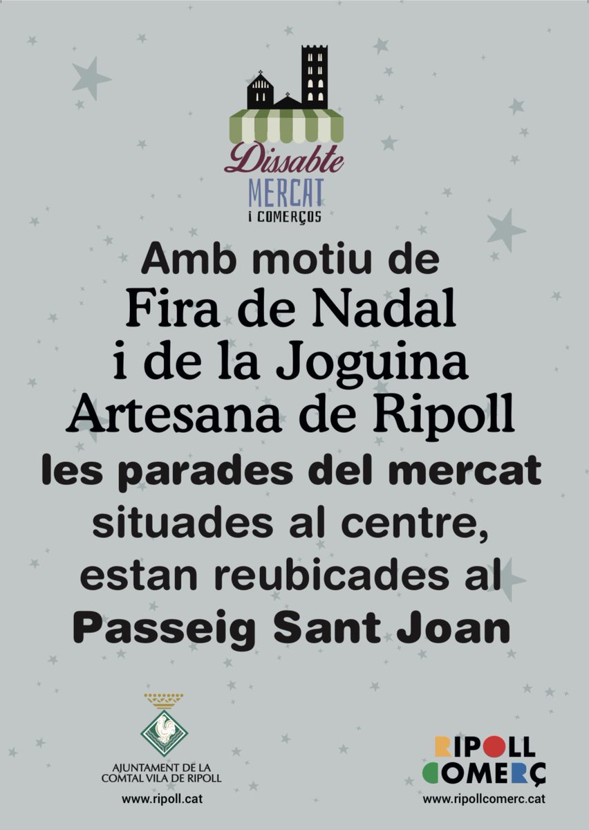 Ajuntament de Ripoll (@aj_ripoll) on Twitter photo 👇 Informació sobre la reubicació del mercat setmanal de #Ripoll, avui 3 de desembre. 👇 👇 Informació sobre la reubicació del mercat setmanal de #Ripoll, avui 3 de desembre. 👇