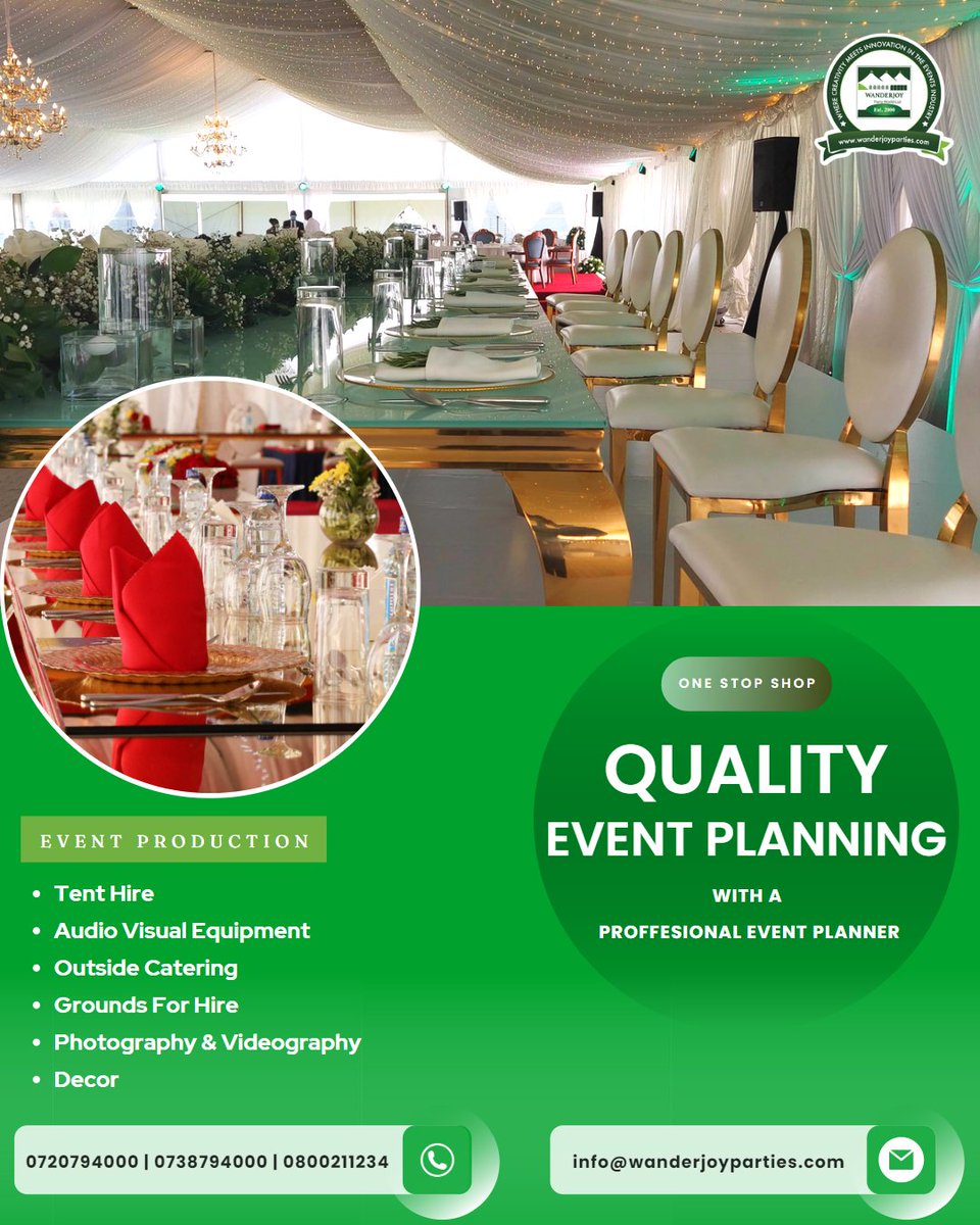 wanderjoy_ltd's tweet photo. Partner with us in creating special events that really represent a unique style

Book our services by contacting us on 0800211234 |0720794000 | 073879400

#wanderjoypartyworldltd #eventplanner #events #weddingplanner #wedding #catering #weekend https://t.co/uLbbXG2yRi