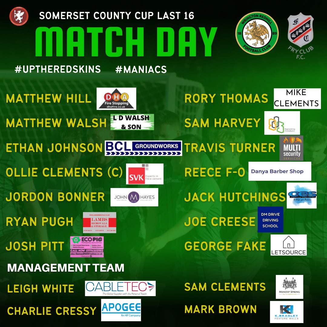 WringtonFC's tweet photo. 💚🖤 MATCHDAY SQUAD 💚🖤 

Here’s the boys taking on Fry’s in todays big cup match, make sure you head on down to The Rec for a 2 pm kick-off to support them

#uptheredskins #maniacs https://t.co/qtKA9QoM4d