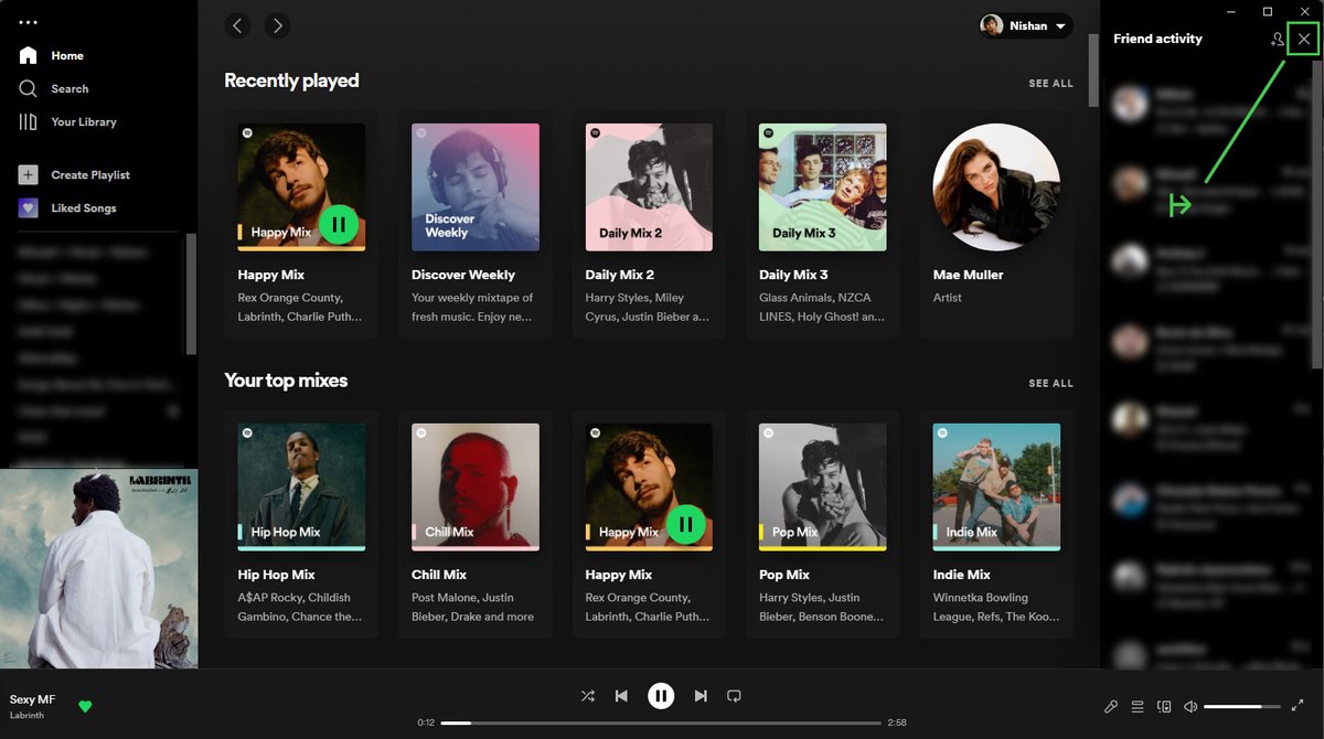 NishanCMB's tweet photo. Hi @Spotify, just a suggestion on your Desktop App UI,
Maybe have a show/hide icon for the friend activity panel as opposed to the close icon. It can potentially cause confusion when the app close icon is also next to it.

@SpotifyCares @AskSpotifyStars https://t.co/Gbr6e9ApQx