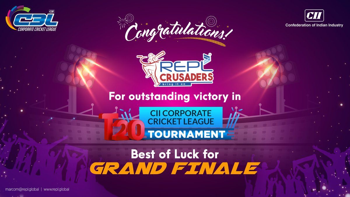 REPL_India's tweet photo. Good luck for Grand Finale!
Congratulations to REPL Crusaders for a stellar performance and winning CII Corporate Cricket league 2022 Semi Final. Best wishes for the Grand Finale.
@cii4nr @CII4WR
#T20Tournament #GrandFinale #CorporateLeague #C3L #CII #REPLCRUSADERS #REPL https://t.co/22aQWex3Jt