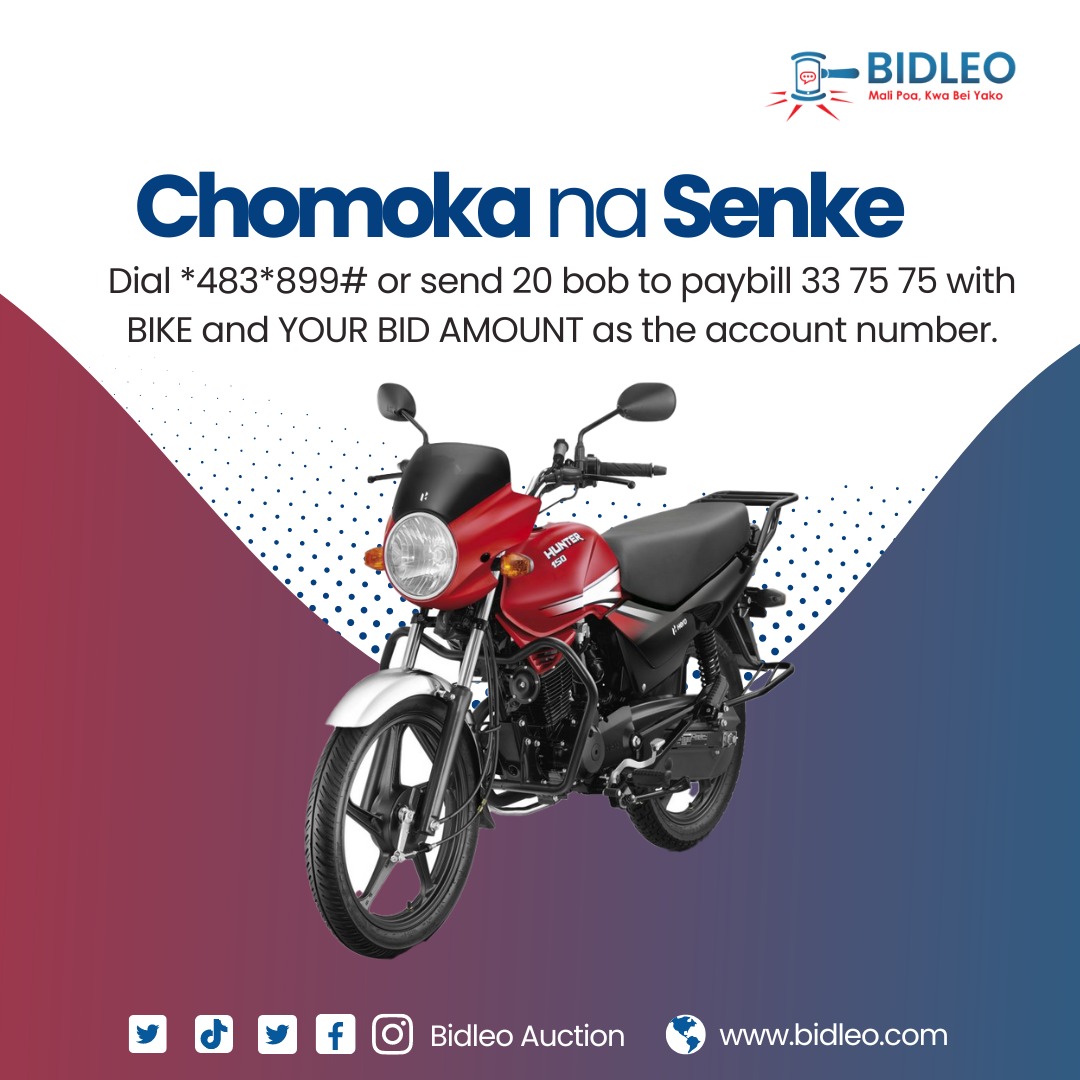 🗣 Wikendi imefika.
Form ni kuchomoka na Senke.
Dial *483*899# or send 20 bob to paybill 33 75 75 with item and bid amount as the account number.
E.g
Paybill: 33 75 75
Account: Bike 21 (item+Bid Amount) 
Amount: 20
You can also bid online at👉 bidleo.com.
#BiNiLeo