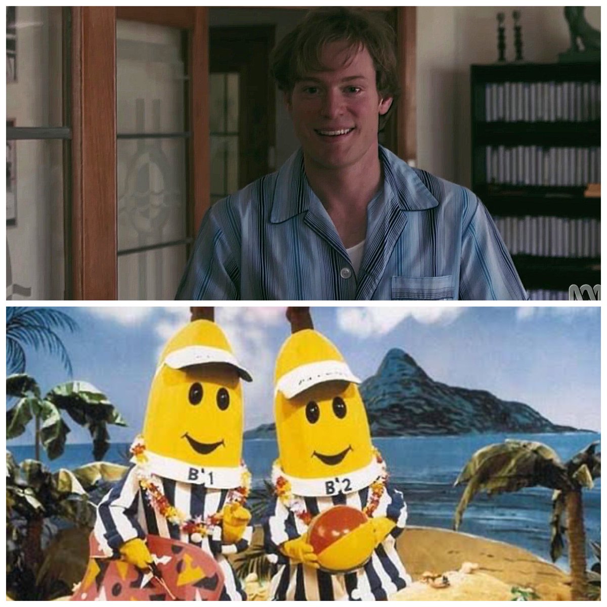 newsatsix1986's tweet photo. Who wore it better - #DaleJennings or these banana blokes!? 😂
We found B3!!! 😂😉🍌🍌
#SamReid #TheNewsreader #BananasInPyjamas https://t.co/MNyoMtLZG6