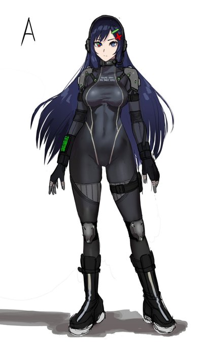 まずベースのESTちゃんをデザインしたうえで、今回の無理ゲーRTA用に戦闘スーツのイメージでいくつかバリエーションを考えたのがこれらでした。
僕の趣味とイベントの公共性とのバランスをとった結果、4枚目を元にイラストを描きました!
こう見ると完成イラストは肉感が増しましたね～ 