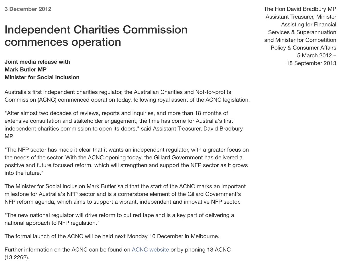 KSeibertAu's tweet photo. Today is the 10th birthday of the ACNC!

Here’s the joint media release from my then boss, David Bradbury, and Mark Butler, from 3 December 2012.

I still remember drafting it - a lot has happened since then!

Thanks to all those people whose efforts made today possible. https://t.co/DliePrQXtb