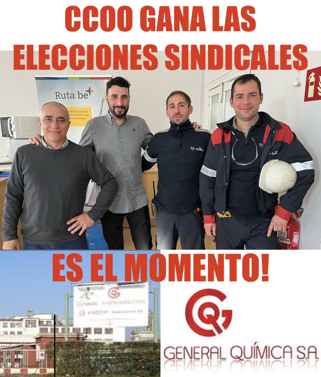 CCOOGrupoRepsol's tweet photo. @CDynasol gana las elecciones en @GDynasol General Quimica - Lantarón

👏Felicitamos y damos GRACIAS a la plantilla, por depositar su confianza en el proyecto de CCOO

💪Otra forma de hacer las cosas es posible!

Ahora
CCOO 5
UGT 3
ELA 1

Antes
UGT 6
CCOO 2
ELA 1

#EsElMomento https://t.co/CvLlVFv5cO