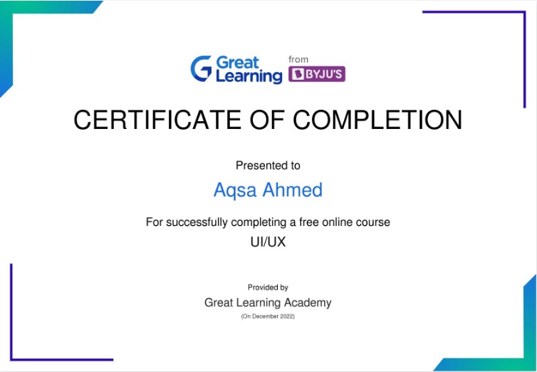 aqsa99design's tweet image. Hi all, 
I have successfully completed the &quot;UI/UX&quot; course offered by Great Learning Academy. 
 #GreatLearningAcademy #greatlearning #glacertificate #uiux #uiuxdesign #uxdesign #uidesign